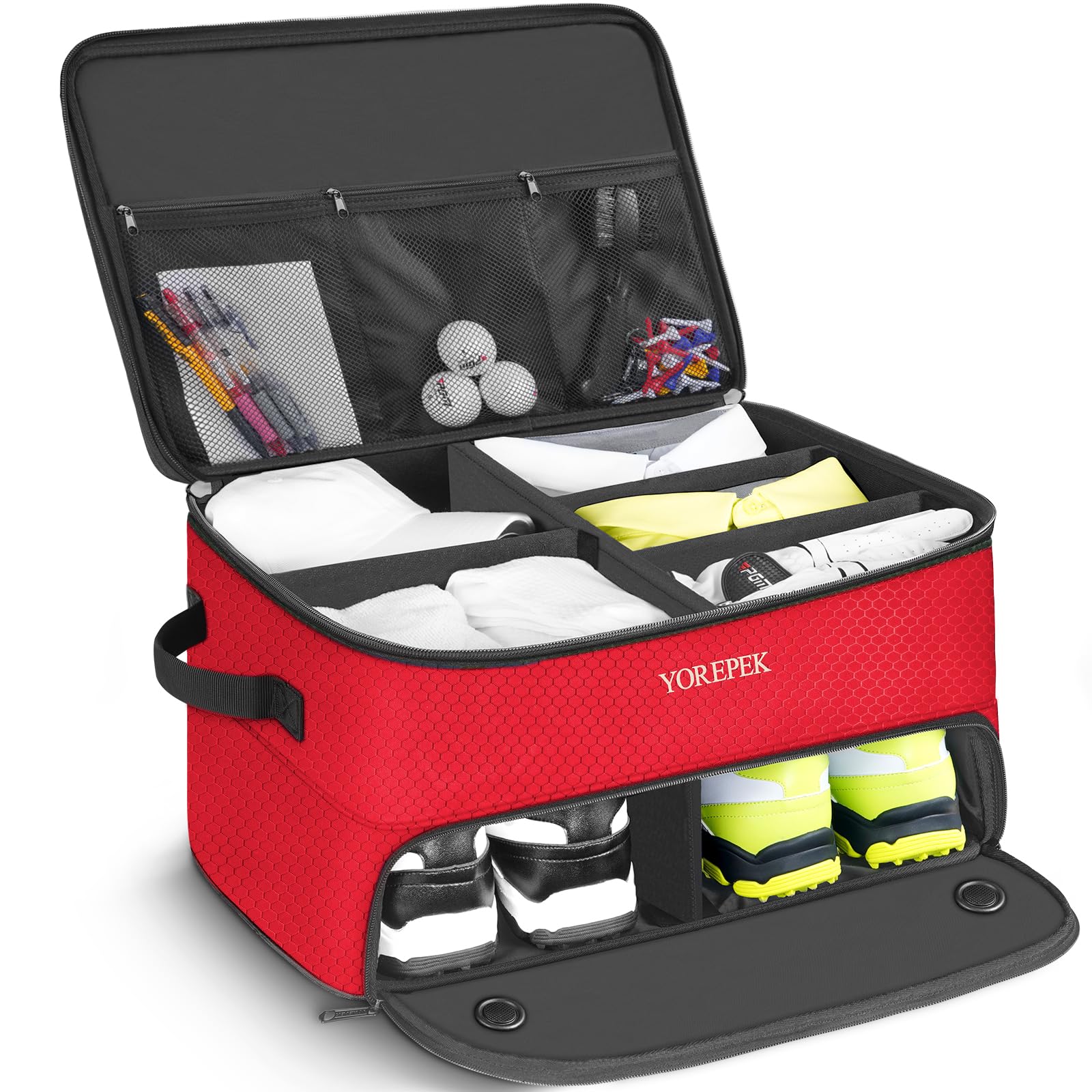 YOREPEK 2 Layer Golf Trunk Bag Organizer, Sturdy Golf Trunk Storage Storing 2 Pair Shoes and Golfing Essentials for Women In One, Towel, Hats, Cleaner Brush, Divot Tool, Gifts for Women Golfers, RED Image