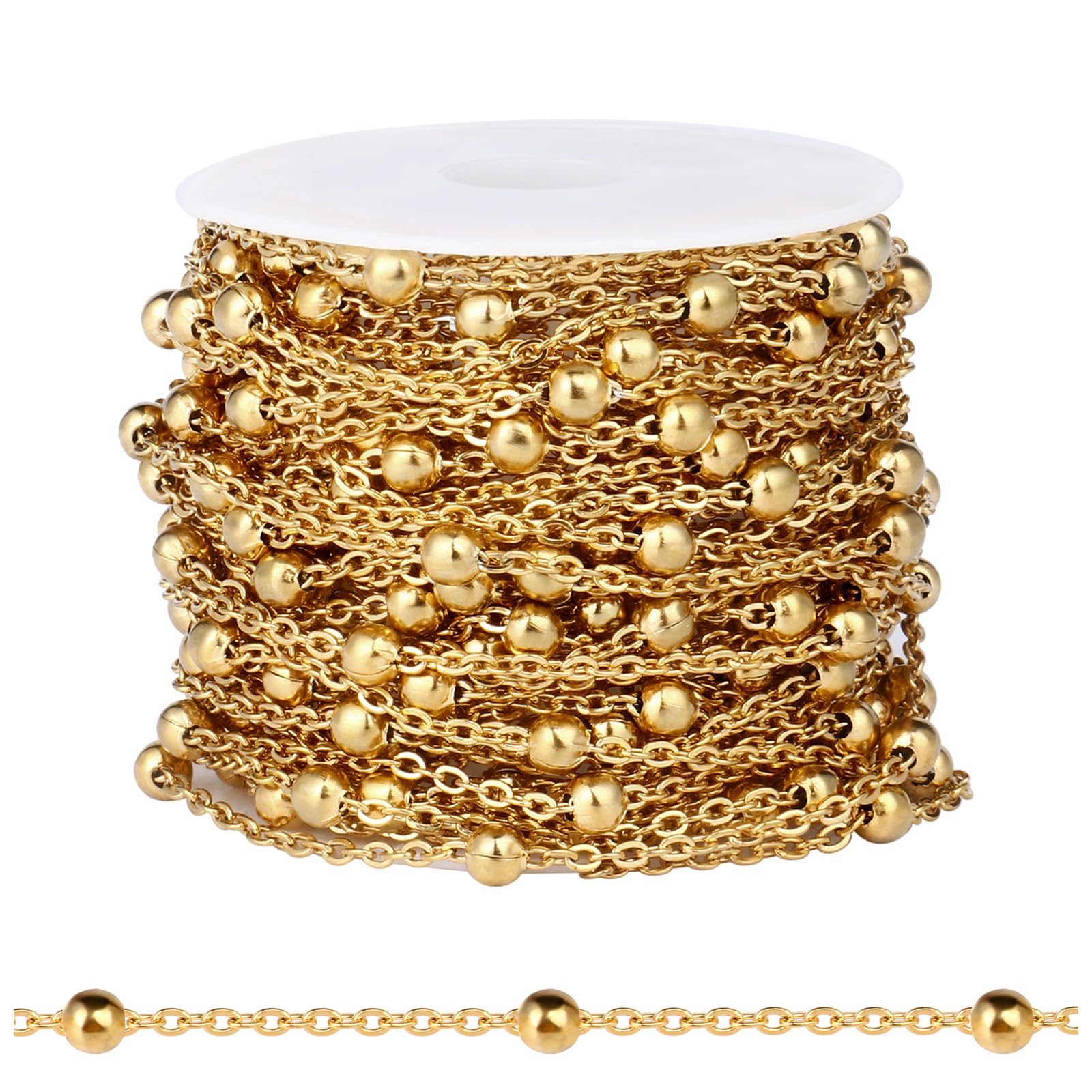 Photo 1 of [33 FT] 18K Gold PVD Plated Satellite Chain Bulk for Jewelry Making 2mm 304 Stainless Steel Satellite Ball Beaded Cable Link Chains Roll Spool for DIY Jewelry Making Craft