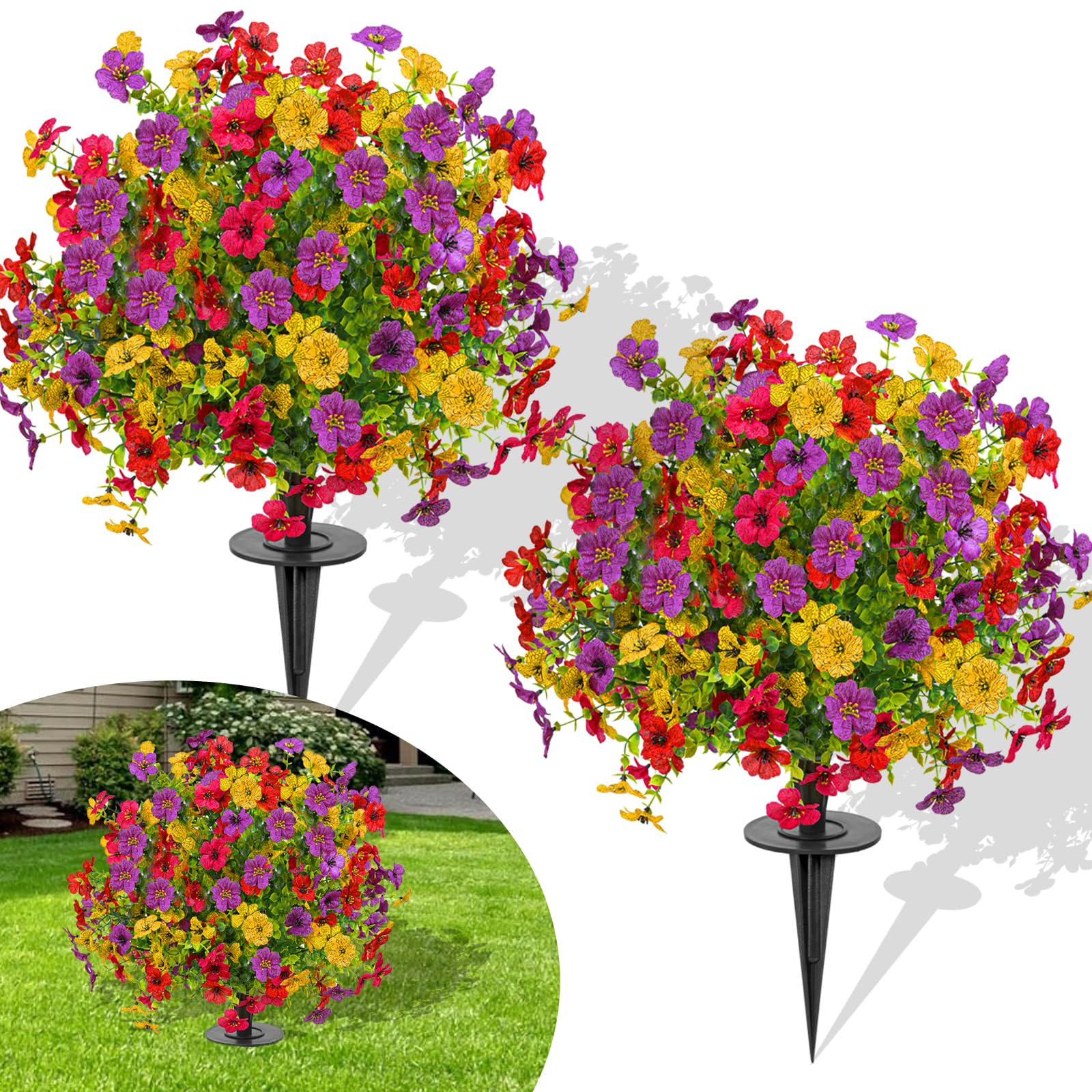 FAJUNZH 23" Set of 2 Artificial Boxwood Topiary Ball with Violet Flowers with Spikes, UV Resistant Faux Greenery Shrubs, Realistic Fake Bushes Plants for Garden, Yard, Front Porch, (Colorful Violet)