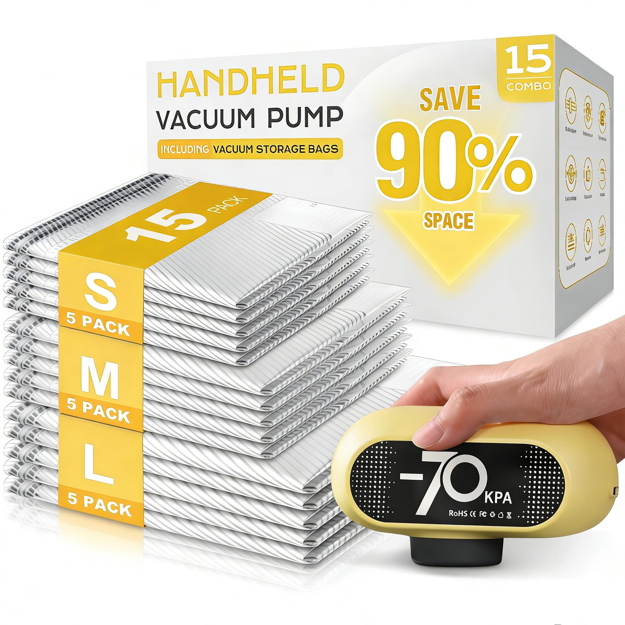 15 Pack Vacuum Storage Bags with -70KPa Electric Pump, Premium Tear-Resistant Reusable Bags for Clothing, Space Saving Essentials for Travel,Yellow