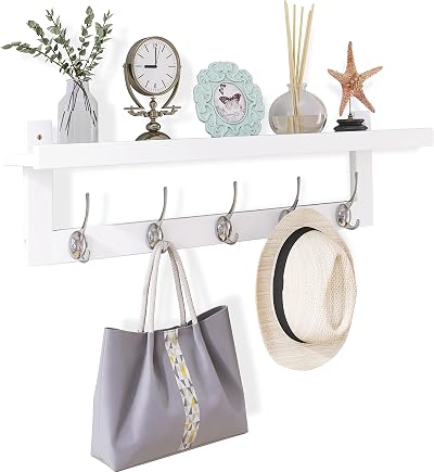 SMIBUY Coat Hooks with Shelf Wall Mounted 74 cm Bamboo 5 Double Hooks White