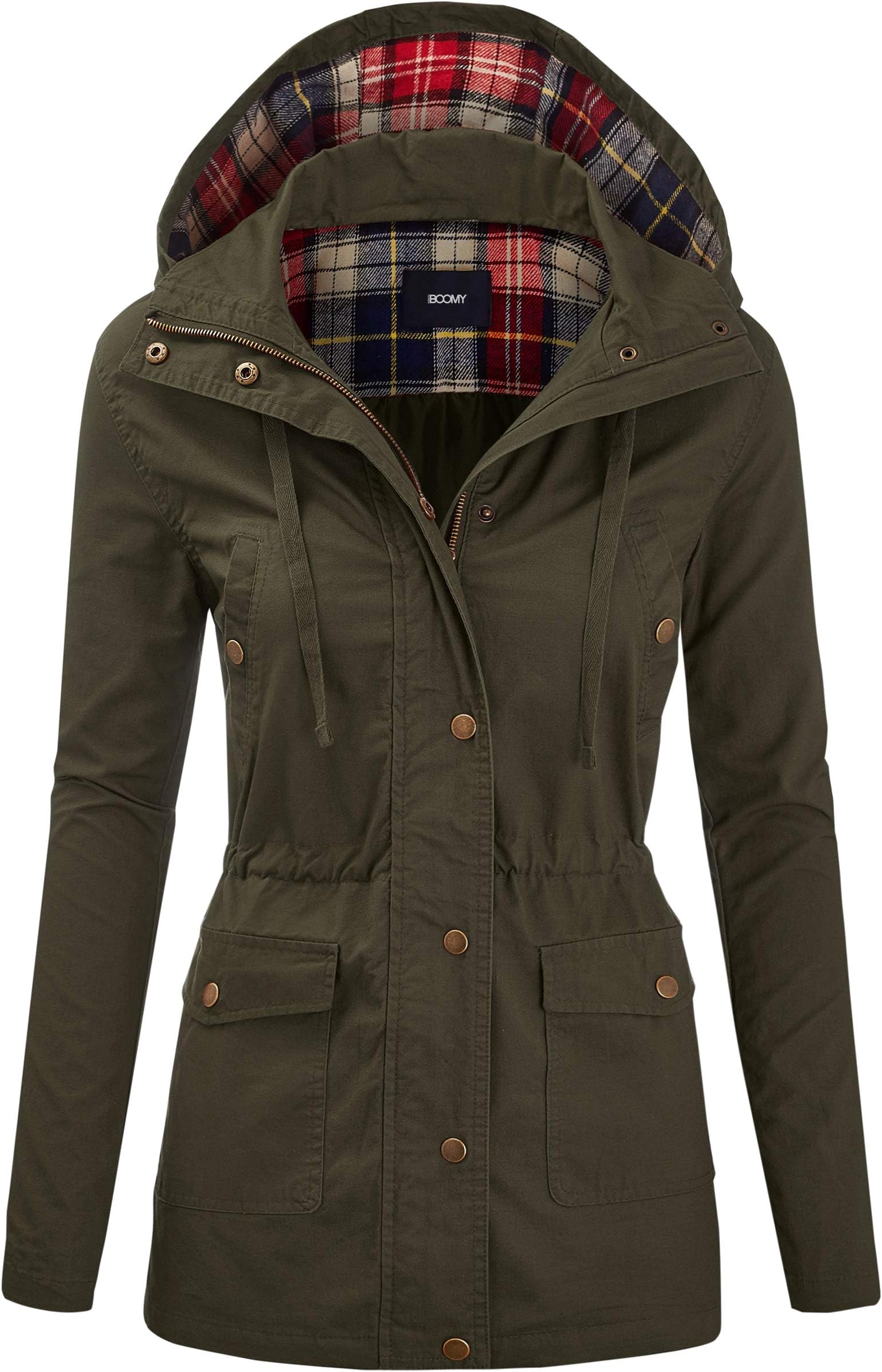 Women's Zip Up Safari Military Anorak Jacket with Hood Drawstring - Regular and Plus Sizes