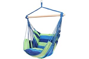 Blissun Hanging Hammock Chair, Hanging Swing Chair with Two Cushions, 34 Inch Wide Seat Blue & Green Stripes (Blue & Green Stripes)
