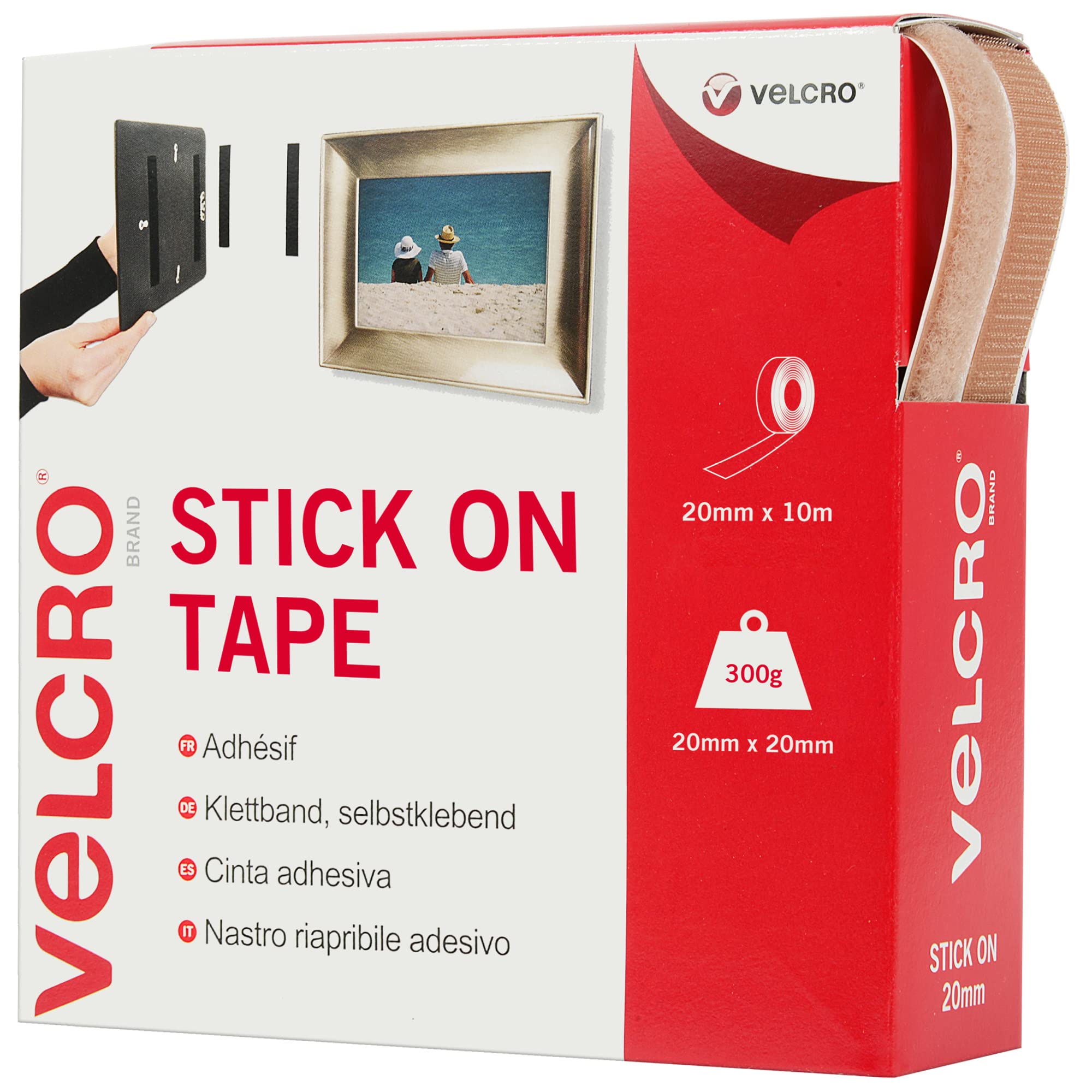 VELCRO Brand Stick On Beige, Hook and Loop Tape Self Roll 20mm x 10m. Cut-to-Length Strong and Secure Adhesive Strips. Perfect Home, Office and Garage Fasteners Solution