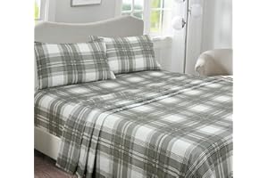 Briarwood Home 100% Cotton Printed Flannel Sheet Set 4 Piece Brushed Turkish Bedding Super Soft, Warm, Cozy, Deep Pocket & Breathable All Season Sheets & Pillow Set (Grey Plaid, Queen)