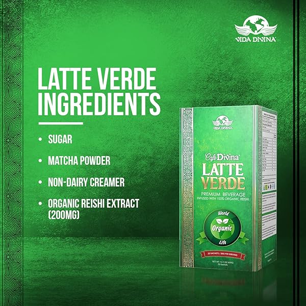 VIDA DIVINA LATTE VERDE – ENERGIZING REISHI & MATCHA BLEND FOR HEALTHY LIFE STYLE – LIVER & HEART SUPPORT, WEIGHT CONTROL, ENERGY & FOCUS, 20 SACHETS