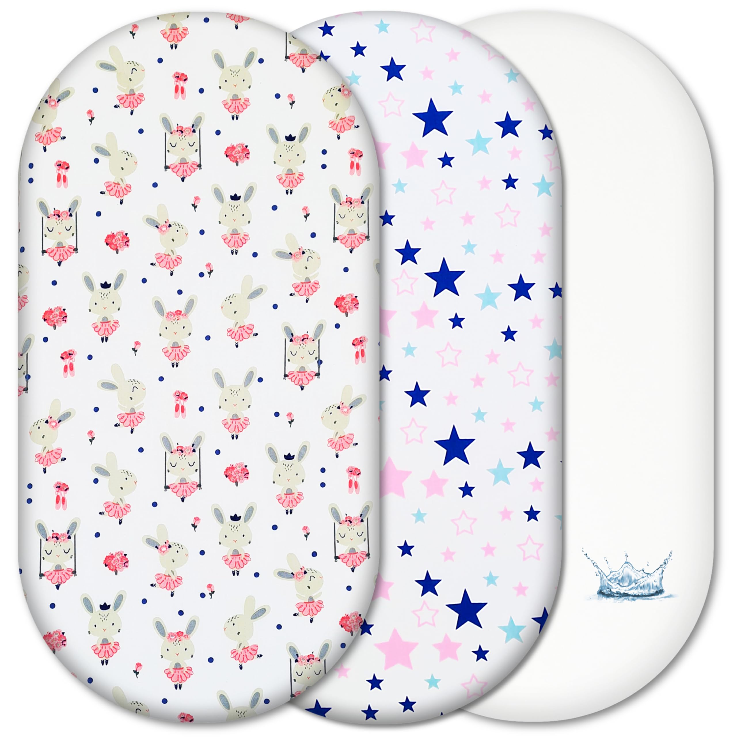 Moses Basket Fitted Sheets Set – 100% Cotton, 3pc Moses Basket Bedding Set with 2 Fitted Sheets & 1 Waterproof Mattress Protector – to fit Moses Baskets, Bassinets & Prams mattress up to 76x36cm