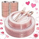 Ciaell 150PCS Rose Gold Plastic Plates – Disposable Plates with Rose Gold Plastic Silverware include 50Plates, 25Forks, 25Knives, 25Spoons, 25Cups for Wedding & Party