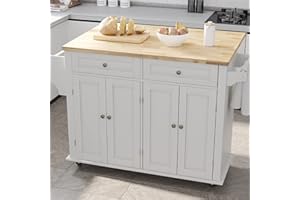 Gitua Rolling Kitchen Island with Drop Leaf – Movable Kitchen Carts on Wheels Island with Storage Cabinet, Island Table for Kitchen with Rubber Wood Top and Rack and Drawers, Matte, White