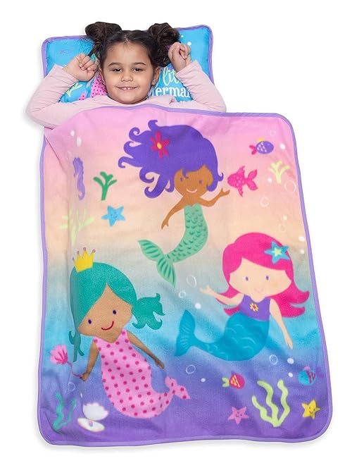 Baby Boom Funhouse Mermaid Kids Nap Mat Set – Includes Pillow and Fleece Blanket – Great for Girls Napping during Daycare or Preschool - Fits Toddlers, Pink + Purple
