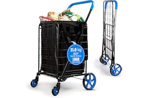 SereneLife Compact Foldable Shopping Cart with Weatherproof Liner – 17" x 21" x 36", 70 lbs Capacity, Collapsible Design with
