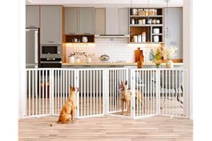 Vantas Folding No-Assembly Metal Pet Gate 120" Wide, 32" Extra Tall Dog Gate with Door Walk Through, Freestanding Accordion Puppy Gate Dog Door for Indoor & Outdoor, with 2PCS Support - White