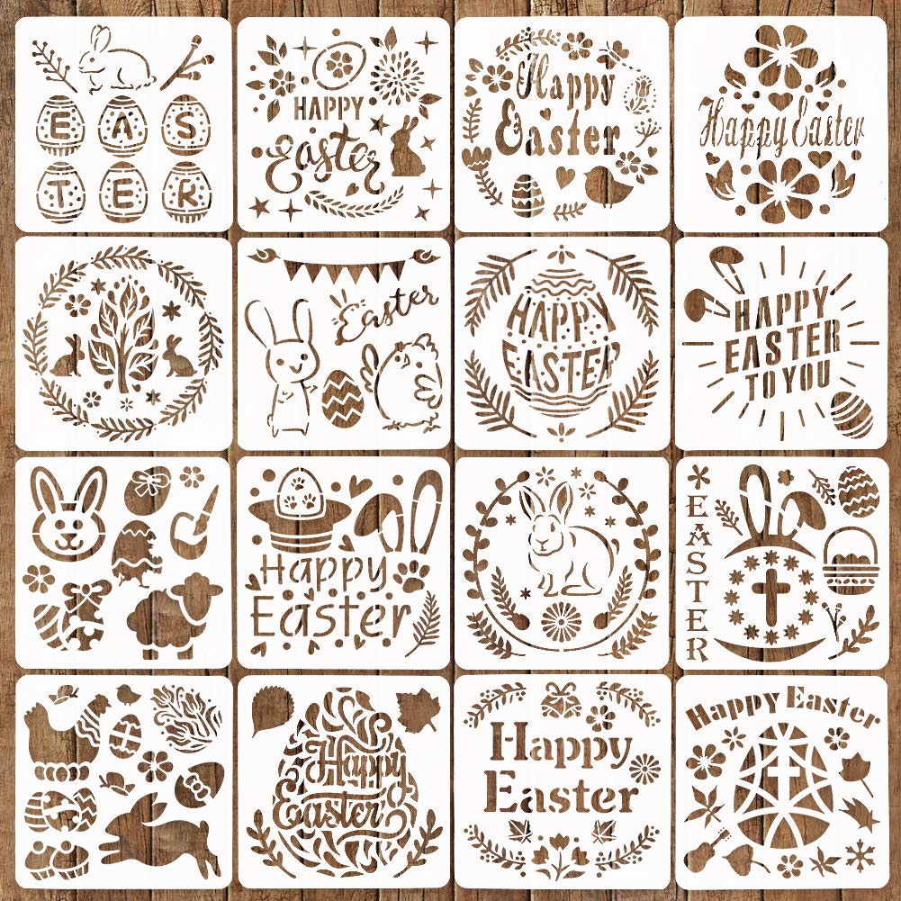 16 Sheets 5.1X5.1 Inches Easter Painting Stencils,Happy Easter Bunny Eggs Sheep Chick Template,Easter Decoration for Crafts Reusable