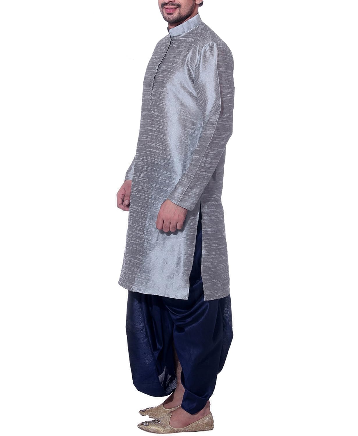 uri and mackenzie men's dupion silk dhoti kurta set unm-greyblack-dk-n