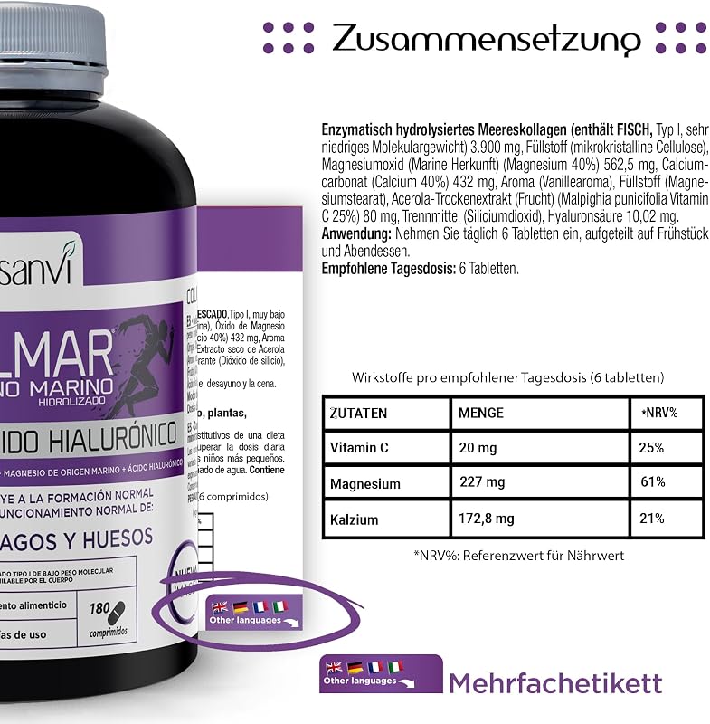 COLLMAR HYDROLYSIERTES KOLLAGEN mit Hyaluronsäure, Magnesium und natürlichem Vitamin C - Knochen und Gelenke - Marine Kollagen 3.900 mg/Tag | 180 Tabletten = 30 Tage | Vanillegeschmack