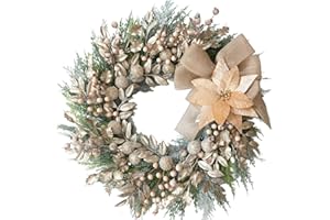 idyllic 24 Inch Artificial Gold Christmas Wreath for Front Door with Poinsettia, Pine Needles, Berries, Glitter Leaves, and Bow - Large Rustic Farmhouse Holiday Decor for Indoor Outdoor Use