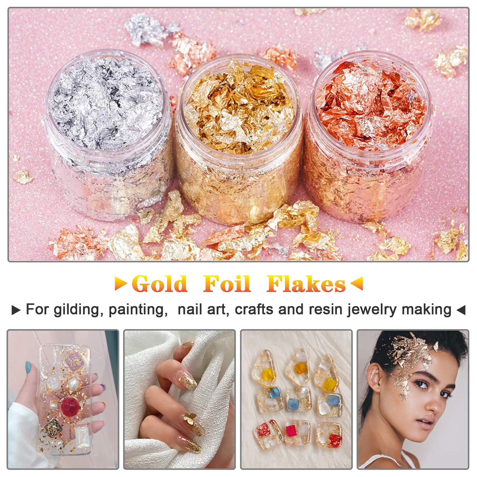 Gold Foil Flakes with Tweezers and Brush, 3 Colors Imitation Gold Foil Flakes Metallic Leaf for Nail Art, Painting, Crafts and Resin Jewelry Making (3color-9g)