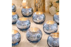 LAMORGIFT 20 Pcs Blue Votive Candle Holders, Larger Size 2.36×3.15" Round Mercury Glass Candle Holder, Blue Tealight Holders for Wedding Decorations, Table Centerpieces, Bridal Shower Party Supplies