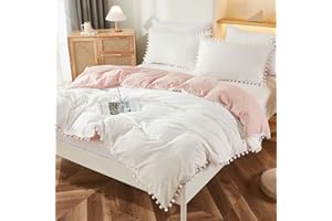 Bedbay Boho Queen Duvet Cover Teen Girls Preppy Bedding Set Cute Pom Pom Fringe 3 Pcs White and Pink Reversible Bedding Super Soft Lightweight Farmhouse Aesthetic Room Decor (White&Pink,Queen)