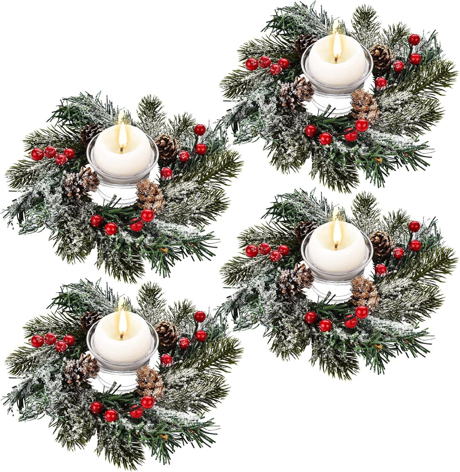 KAHEIGN 4Pcs Christmas Candle Rings, 20CM Artificial Red Berries Pinecones Wreath Snowy Pine Needles Candle Holder for Pillars Rustic Wedding Centerpiece Front Door Christmas Table Party Decoration
