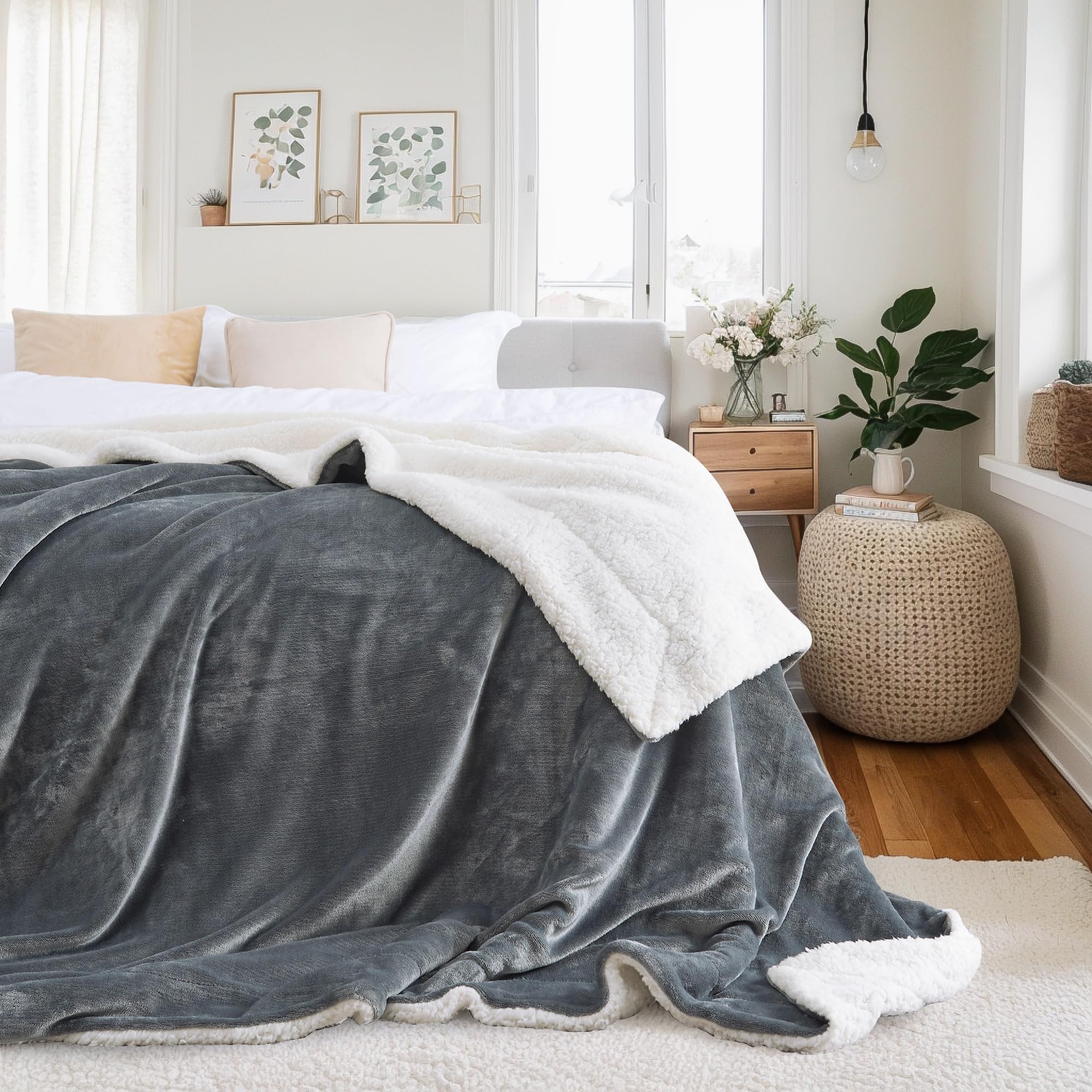 NICETOWN Oversized Throw Blankets for Bed, Sherpa Fleece Plush Blanket 108 x 90 inches Fuzzy Soft Big Blankets for Bedroom/Living Room/Kids Room, Cozy Reversible Blanket Alternative, Dark Grey Image