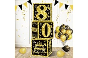 Eiurteao 3pcs 80th Birthday Decorations Boxes for Men Women, Black Gold Happy 80 Birthday Balloons Boxes Party Supplies, 80 Year Old Bday Theme Cardboard Box Decor