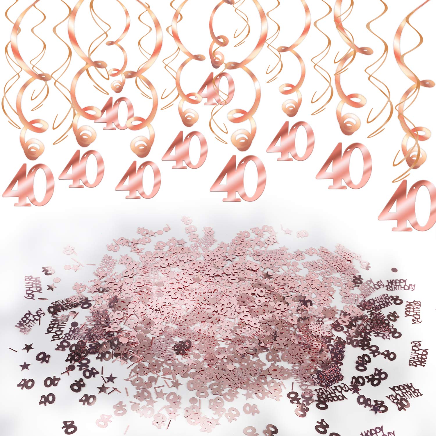 HOWAF Rose Gold Birthday Party Decorations, 30pcs 40th Birthday Party Hanging Swirls Ceiling Decorations and 40 Happy Birthday Table Confetti (20g) for Women Birthday Party Supplies, (Age 40)