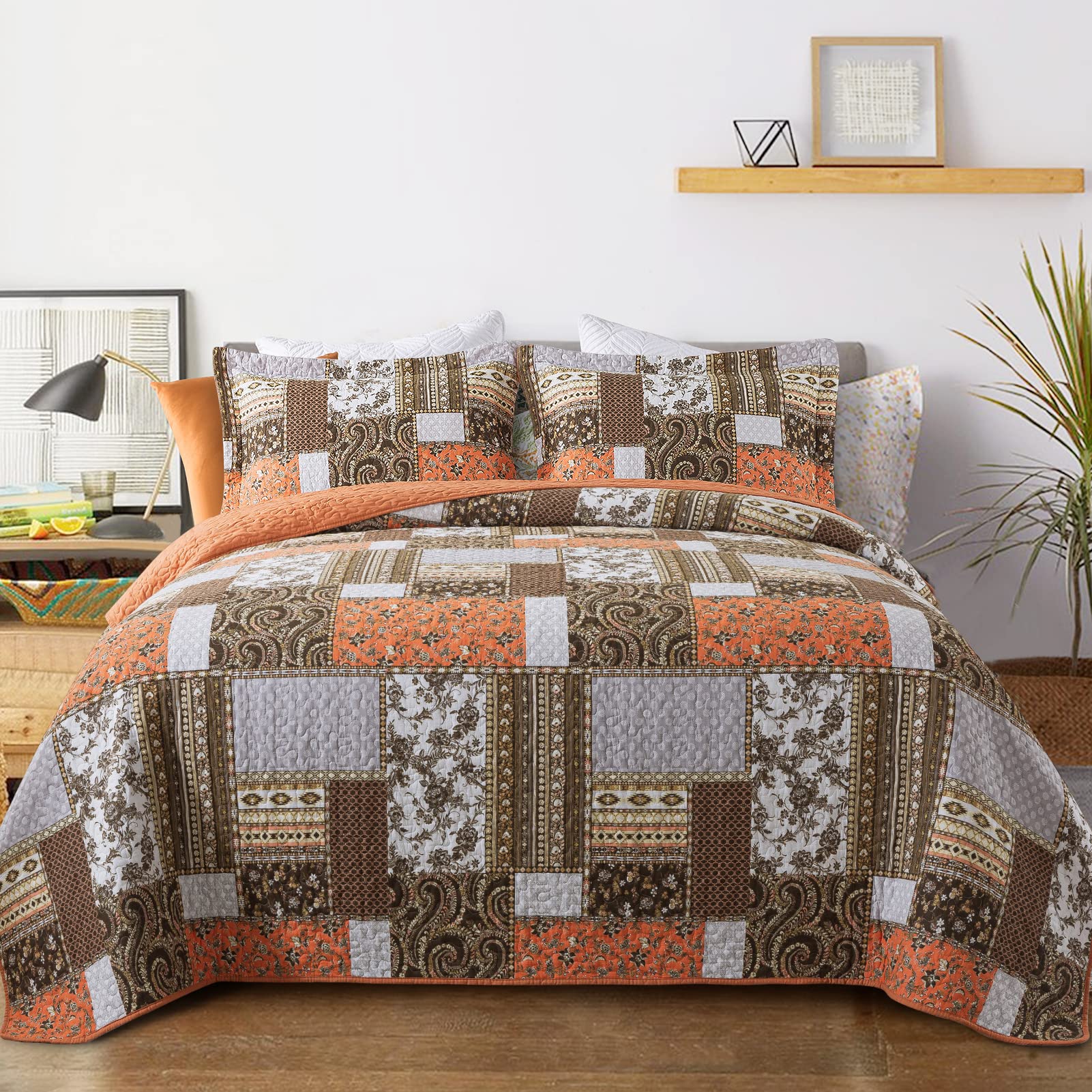 VAPUTAR Quilts Queen Size - Fall Cotton Quilt Set Quilted Bedspread Coverlet Lightweighet Bedding Set with Shams for All Season, 3 Piece Boho Patchwork Quitled Bedspread Queen Size (Dream Orange) Image