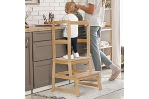 KIDINIX Kids Kitchen Step Stool, Standing Step Stool with Safety Rail for Toddlers 18 Months and Older, Safety Anti-Slip Protection, Removable Step Stool for Adult Use, Natural