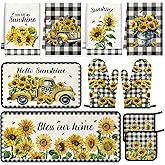 Fanfanwin 10 Pcs Sunflower Marble Kitchen Decor Oven Mitts Pot Holders 2 Kitchen Rugs and 4 Towels for Cooking Baking Mom Gift Home Decor(Sunflower)