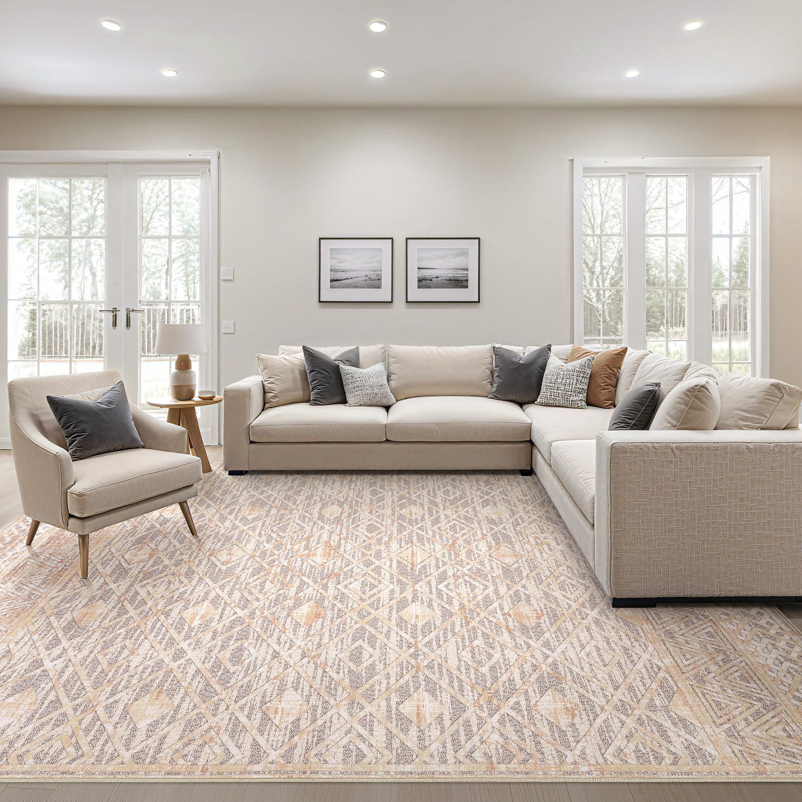 Photo 1 of Boho 9x12 Area Rugs for Living Room: Extra Large Modern Geometric Washable Rugs - Low Pile Non-Slip Carpet for Bedroom Dining Room, Orange