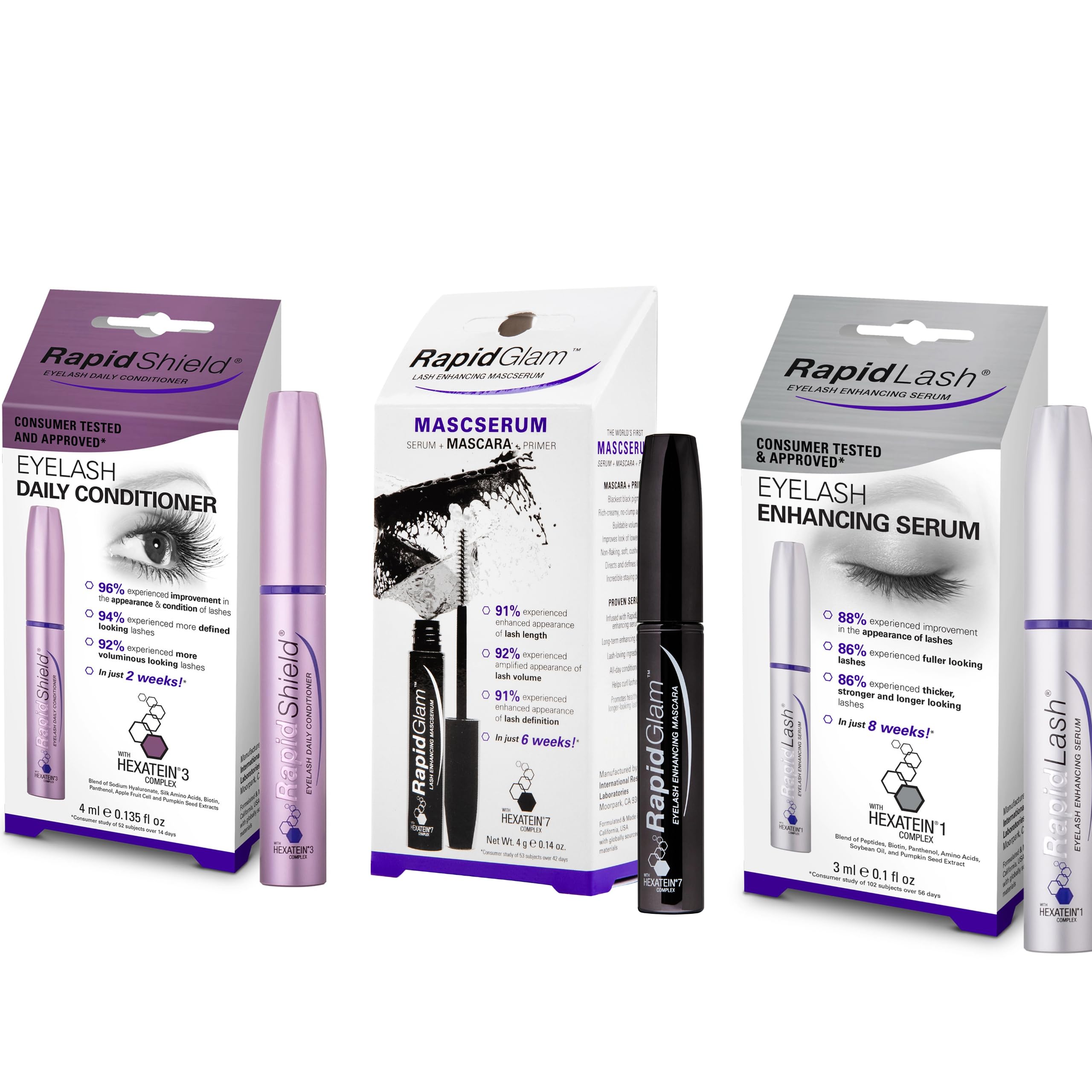 RapidLash Bundle - 1 x RapidShield Eyelash Daily Conditioner, 4 ml, 1 x RapidLash Eyelash Enhancing Serum 3 ml & 1 x RapidGlam Eyelash Enhancing Mascserum, 4 g (Pack of 1)