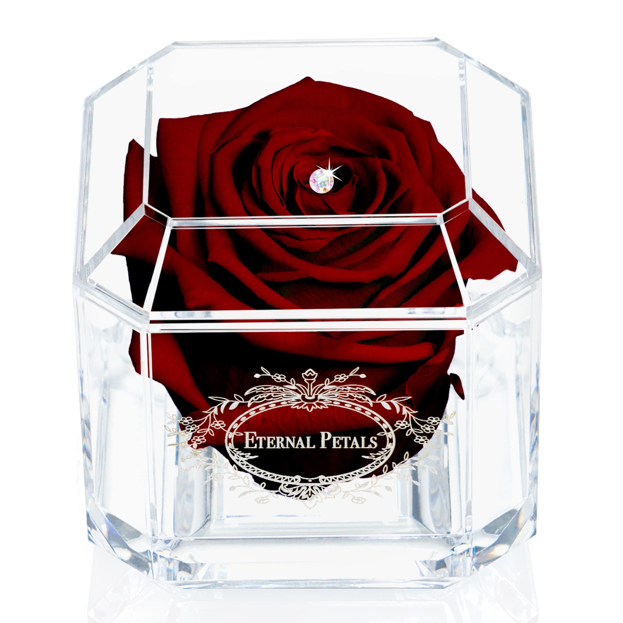 A 100% Real Rose That Lasts Years - Eternal Petals, Handmade in UK – White Gold Solo with A Multicolor Crystal (Burgundy) — image 1