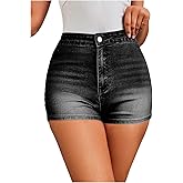 BEAUDRM Women's High Waist Denim Shorts Straight Leg Roll Up Hem Button Jean Short Denim Stretchy Skinny Shorts