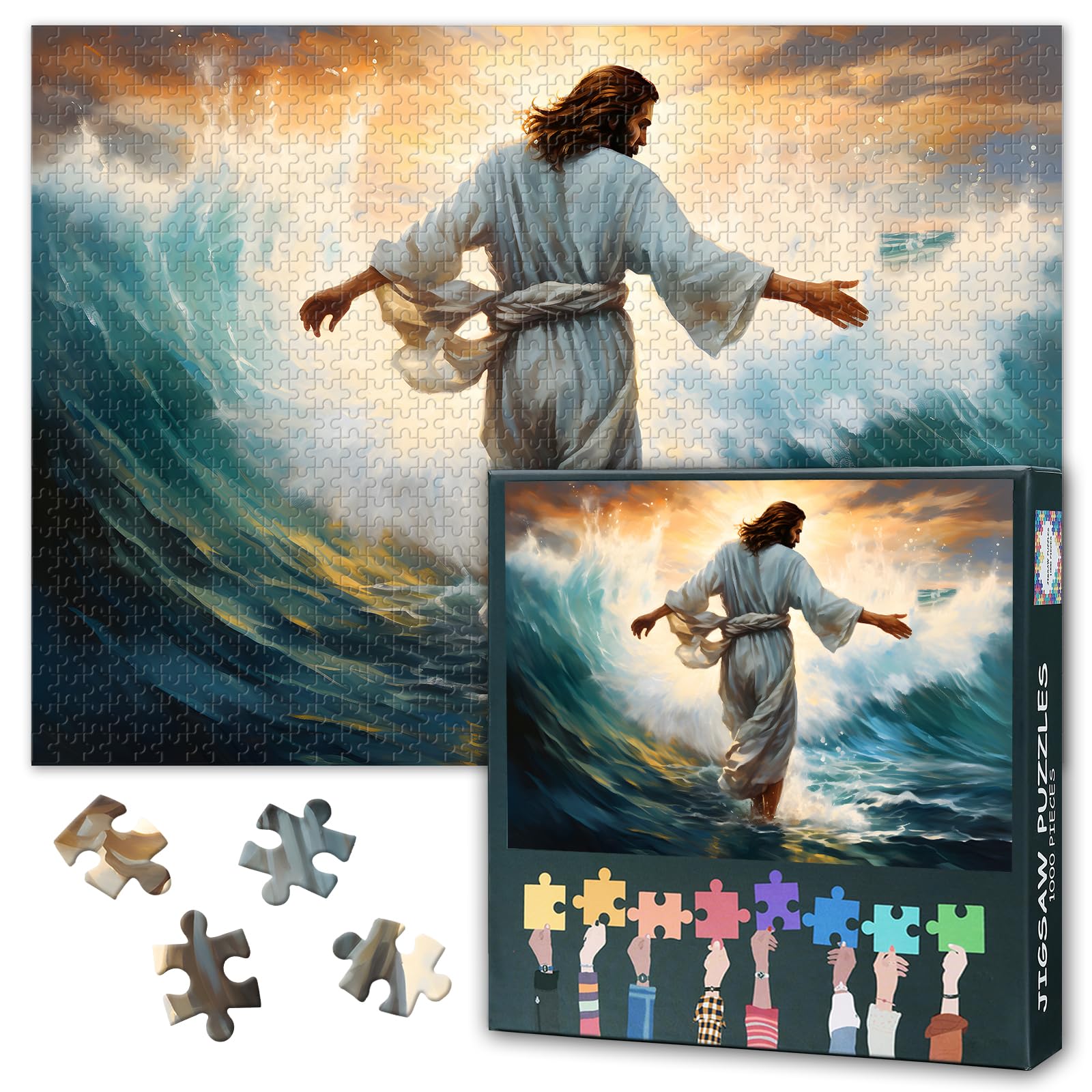 Puzzles for Adults 1000 Pieces, Jigsaw Puzzles for Adults - Inspiring Biblical Art of Jesus Christ Walking on Water During a Stormy Sea, Challenging Adult Puzzle(27.5x19.7 Inches)