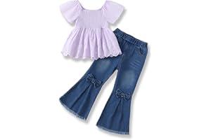 XUANHAO Toddler Girl Clothes Summer Smocked Shirts Tops Denim Bell Bottom Jeans Pants Outfits Kids Girl's Clothing Sets