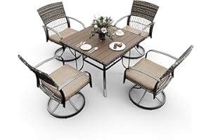 Pamapic 5 Piece Patio Dining Set for 4,Wicker Outdoor Furniture Set for Backyard Garden Deck Poolside with Square Plastic-Wood Table Top,4 Cushions Swivel Rocker Chairs,Removable Cushions(Beige)