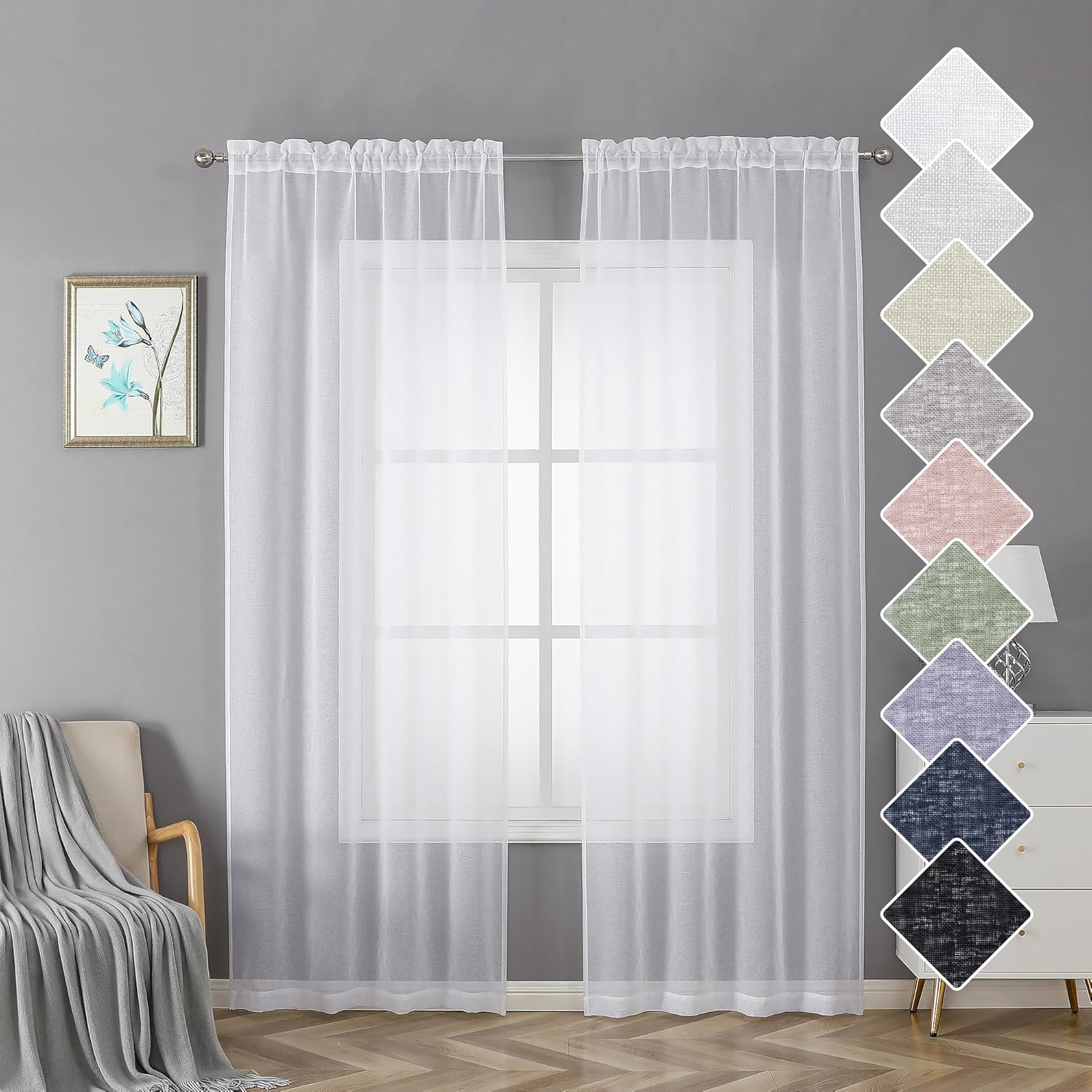 Window Treatments - Lecloud Doris Sheer White Curtains 84 Inches Long 2 Panels Set, Light Reducing Faux Linen Texture Curtain/Drapes/Panel/Window Treatment Dual Rod Pockets, Gauzy Living Room Bedroom Curtains 40W x 84L