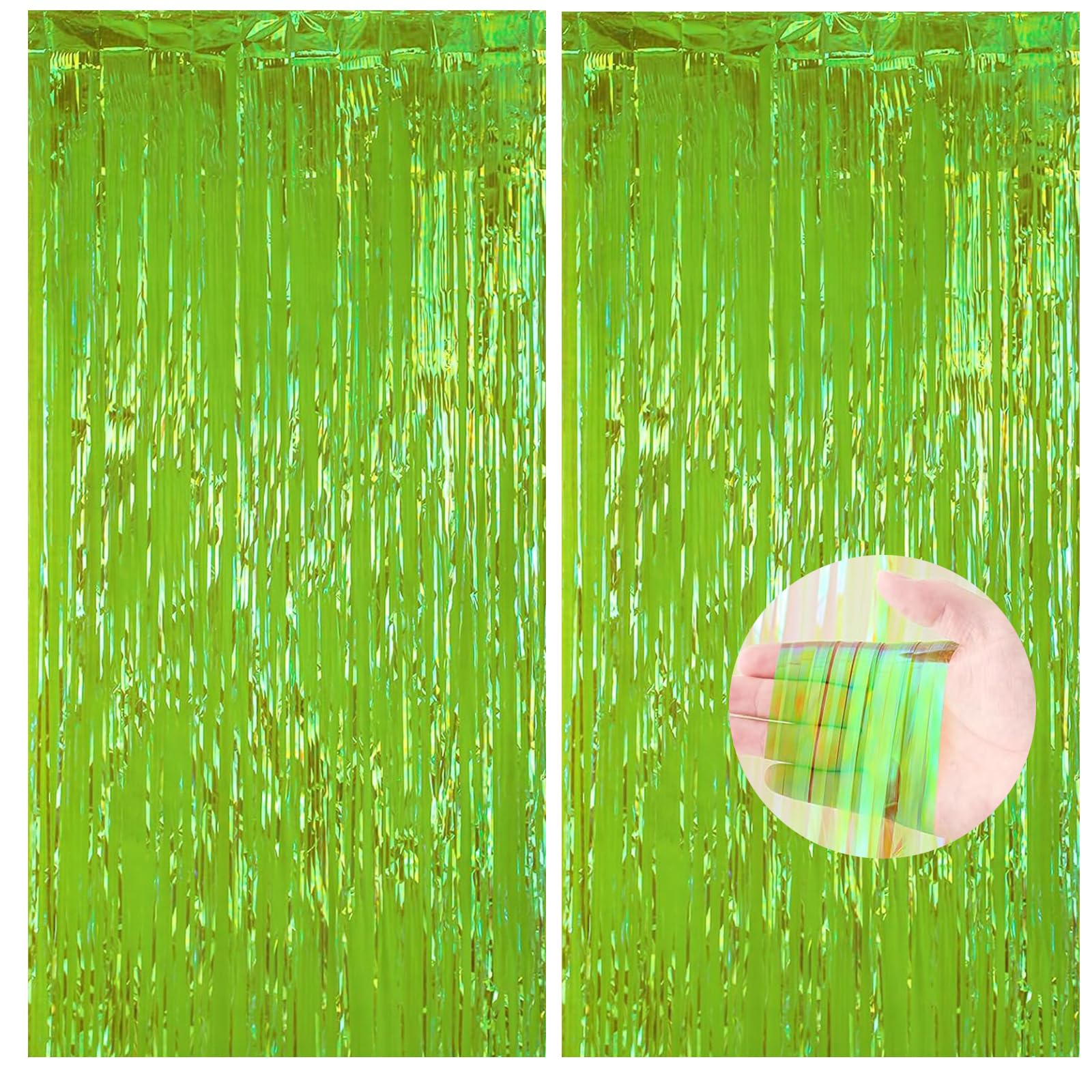 2pcs Holographic Green Glitter Tinsel Curtains, 1 * 2m Iridescent Party Foil Door Curtains with Fringe, Luau Hawaiian Safari Jungle Xmas Party Décor