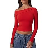 QINSEN Women Long Sleeve Off Shoulder Tops Trendy Double Lined Going Out Shirt for Fall