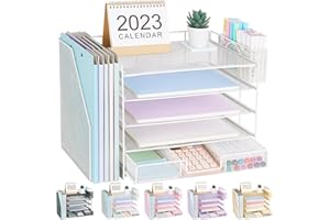 Gugsey Desk Organizer with File Holder, 5-tier Paper Letter Tray File Organizer with Drawer and Pen Holder, Desk Organization Office Desk Accessories for School Office Supplies Storage(White)