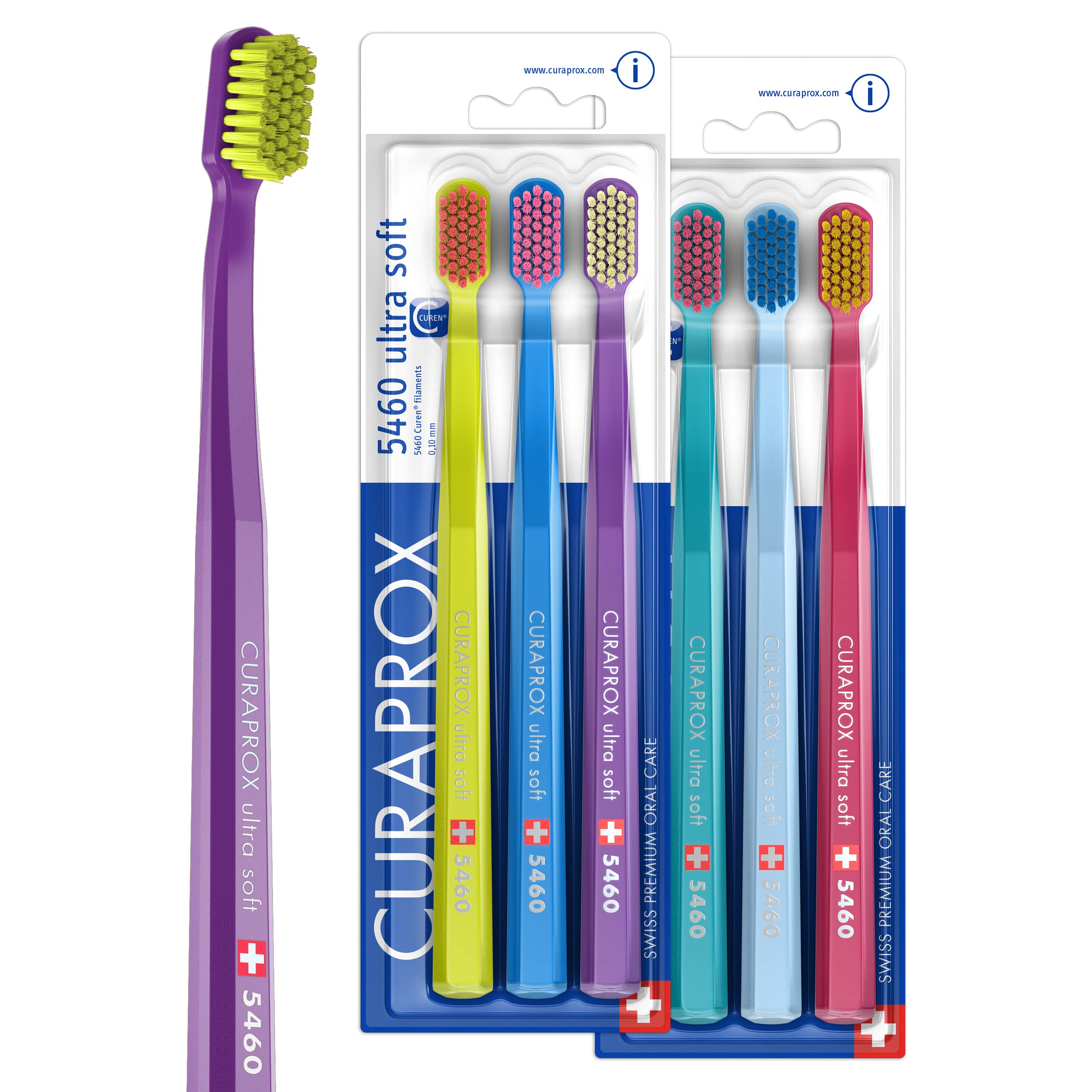 Curaprox 6 x CS 5460 Ultra Soft Toothbrush - Adult Manual Toothbrush with 5460 Ultra Soft Bristles - 6 Pieces, Random Color
