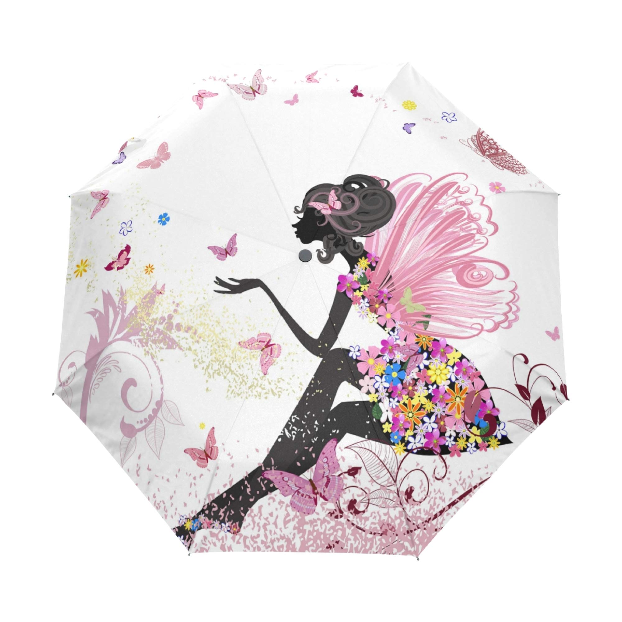 Automatic Folding Umbrella, Flower Fairy and Butterflies UV Protection Umbrella, Portable Sun and Rain Umbrellas for Children Women Men