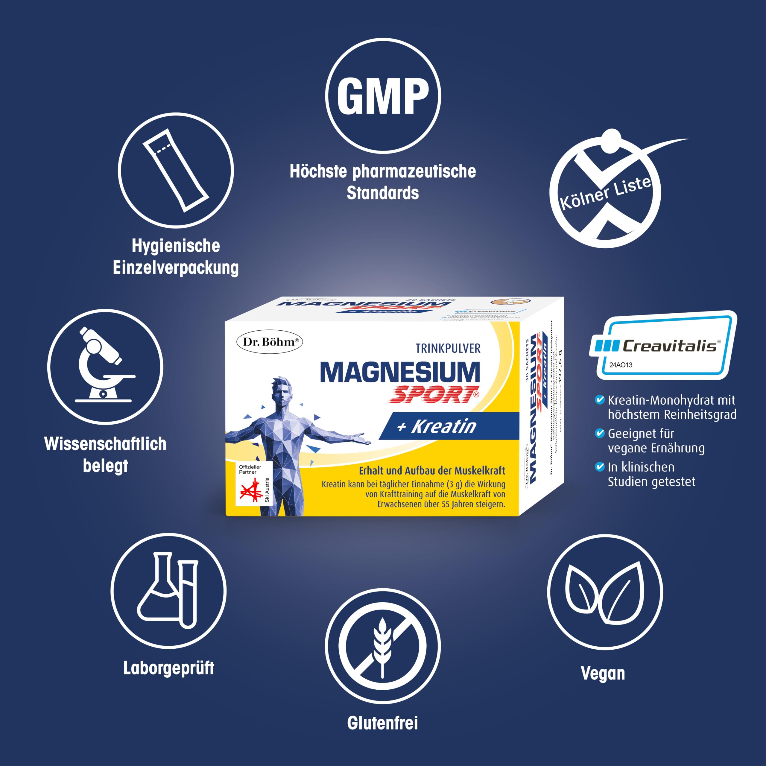Dr. Böhm Magnesium Sport + Kreatin Trinkpulver – 3 g Kreatin Monohydrat (Creavitalis®) + Magnesium, Kalium & Vitamin C – Unterstützung von Muskelkraft & Muskelfunktion – 30 Sachets, vegan 4