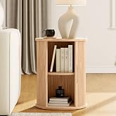 LINSY HOME Round End Table, Fluted Side Table with Sliding Tambour Door and Storage Shelf, Mid Century Modern Circular Nightstand for Bedroom, Wood Boho Tall Bedside Cabinet for Small Space, Oak