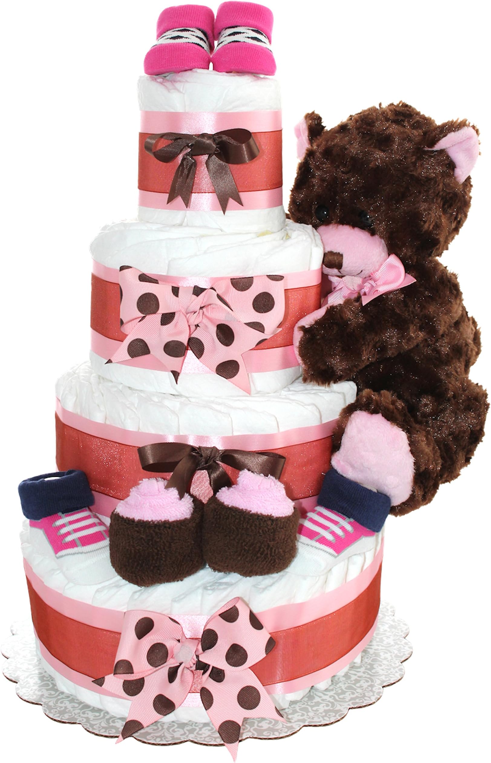 QBabyShowering Brown Teddy Bear Diaper Cake, Pink