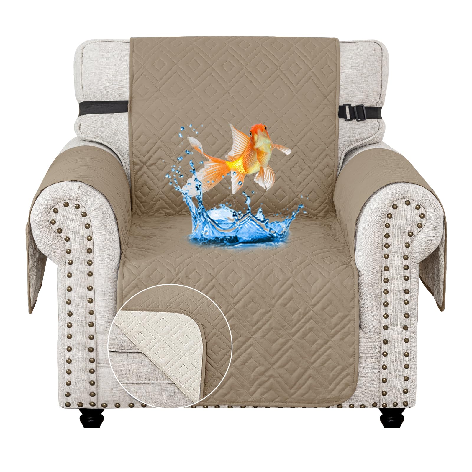 MAXIJIN Chair Covers Waterproof Sofa Slipcovers Non-Slip 1 Seater Sofa Protectors with Elastic Straps Reversible Universal Couch Covers for Dogs, Pets, kids (Khaki, 1 Seater)