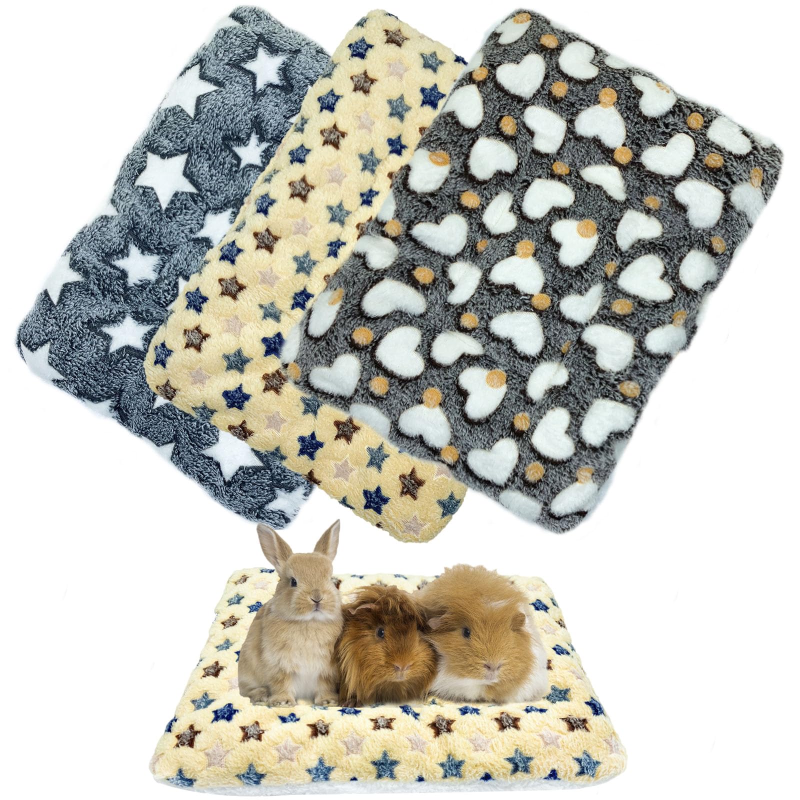 XMPEKO 3 Pack Small Animal Plush Bed - 50 * 40 * 3cm, Warm Soft Fleece Guinea Pig Bedding Mat for Cage Accessories for Rabbit Bunny Chinchilla Squirrel Hedgehog Hamster