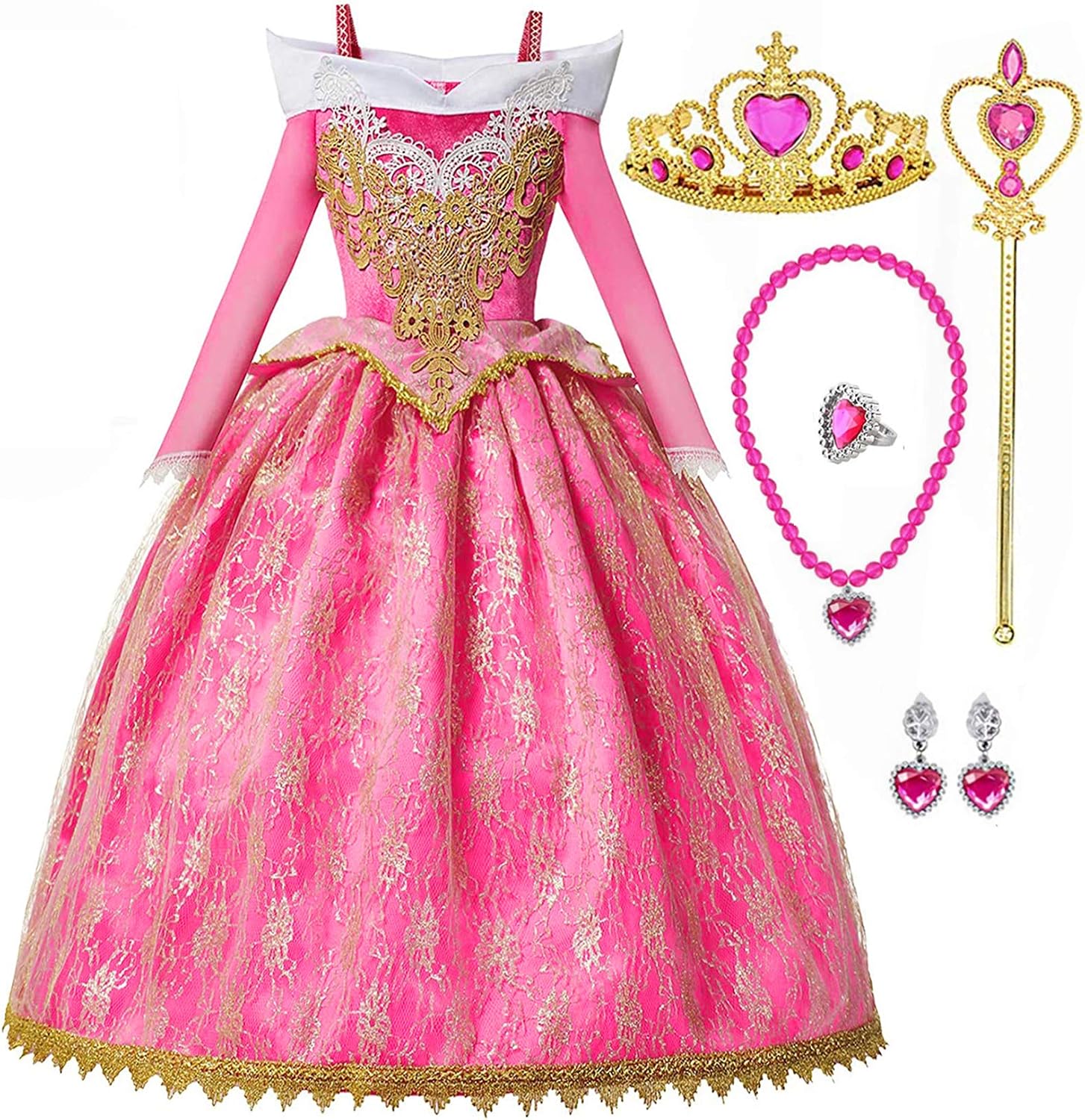 Amazon Axaxa 子供用 プリンセス ドレス オーロラ姫 ドレス キッズ ローズ 眠れる森の美女 オーロラ姫のワンピース アクセサリーセット 6点セット キッズコスチューム ディズニーコスプレ イベント ステージ衣装 変装 演出 仮装 クリスマス ハロウィン 子供の日 誕生日