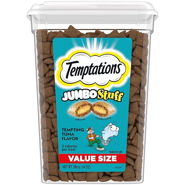 TEMPTATIONS JUMBO STUFF CRUNCHY AND SOFT CAT TREATS TEMPTING TUNA FLAVOR, 14 OZ. TUB